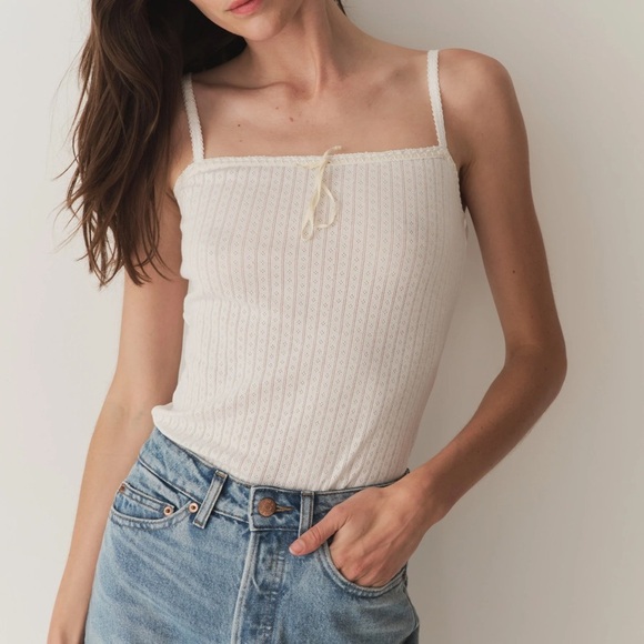 Doen Tops - DÔEN Ligea Pointelle Organic Cotton Cami Medium Salt Romantic Cottagecore New